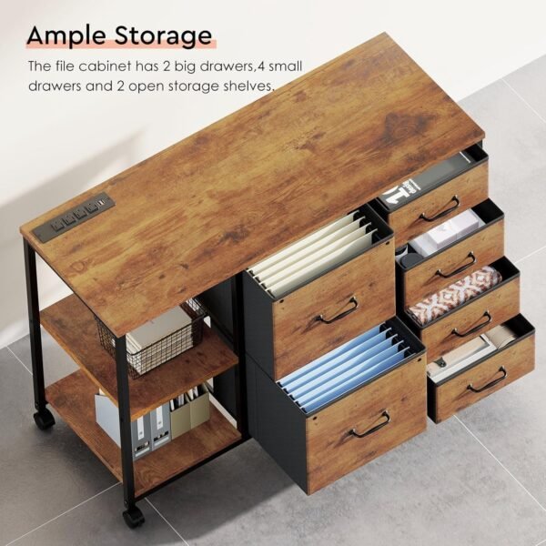 815cNlHy-mL._AC_SL1500_.jpg 6 Drawer File Cabinet with Charging Station Rolling Printer Stand with Open Storage Shelf Fabric Lateral Filing Cabinet for Home Office,Rustic Brown2