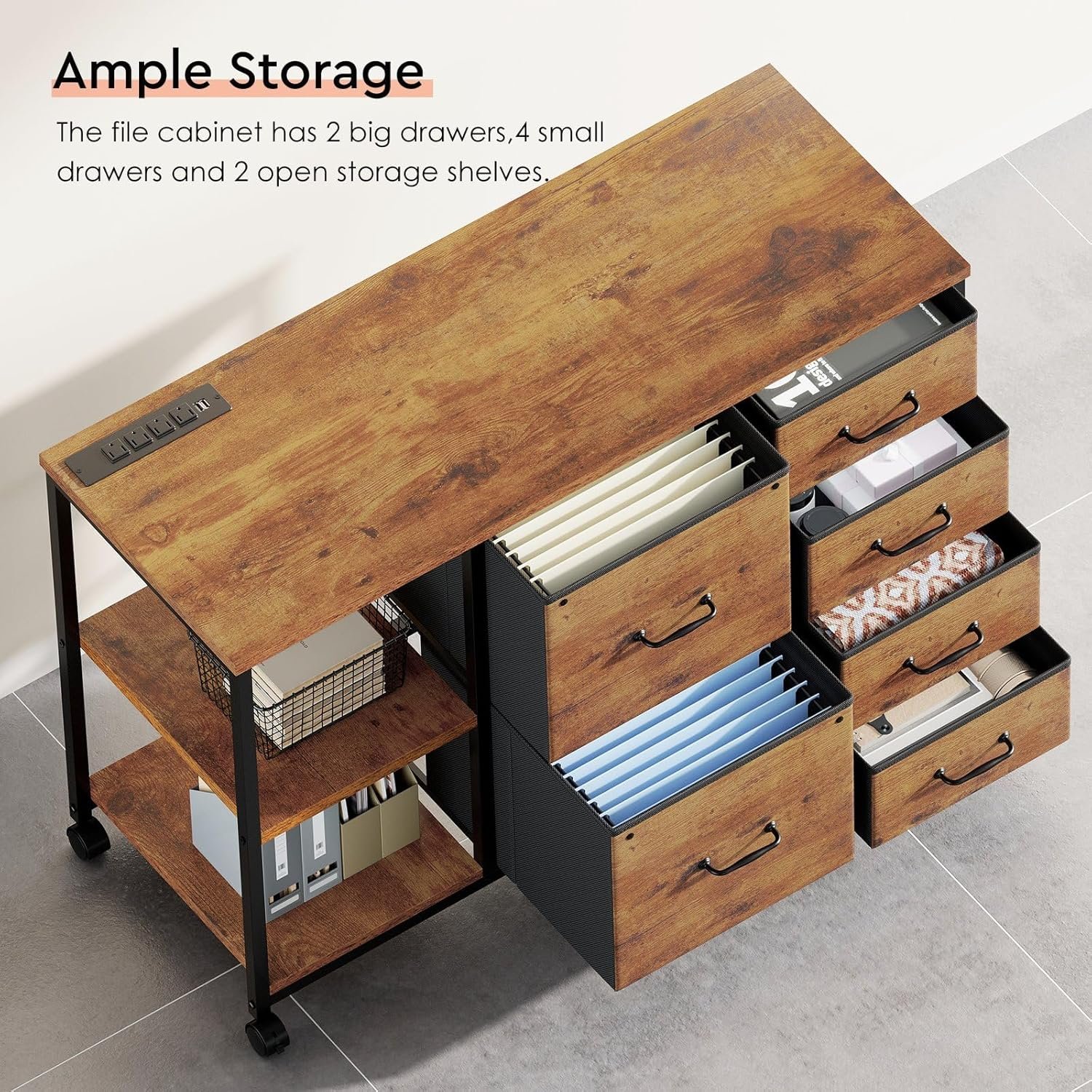 6 Drawer File Cabinet with Charging Station Rolling Printer Stand with Open Storage Shelf Fabric Lateral Filing Cabinet for Home Office,Rustic Brown2 - Image 7