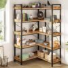 Rolanstar Bookshelf 5 Tier with 4 Hooks, Reversible Corner Bookshelf, 65" Industrial Wooden Bookcase with Open Shelves and Metal Frame for Living Room, Bedroom, Home Office, Rustic Brown