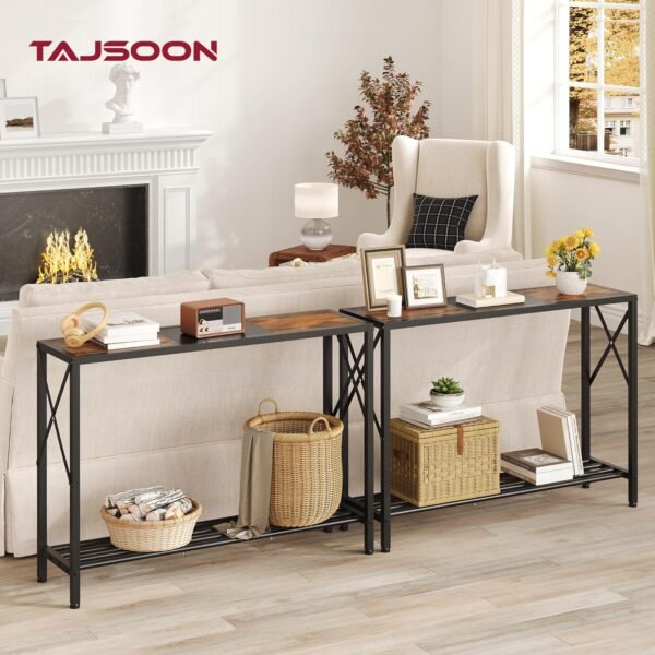 Tajsoon Console Table, 2-Tier Industrial Entryway Table, 41.8”L Narrow Entrance Sofa Table with Shelves, Hallway, Living Room, Foyer, Corridor, Office, Rustic Brown and Black