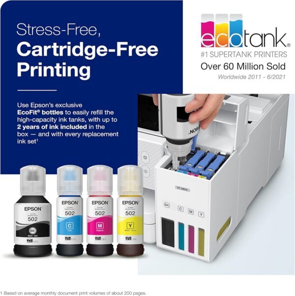 Epson EcoTank ET-3850 Wireless Color All-in-One Cartridge-Free Supertank Printer with Scanner, Copier, ADF and Ethernet – White (Renewed)