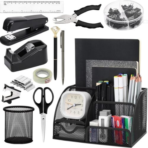 13-in-1 Office Desk Organizer Set with Stapler and Tape Dispenser, Pen Holder, Scissors, Ruler, Hole Punch, 2 Pens & More - All-in-One Desktop Accessories for Home Office School Supplies (Black)