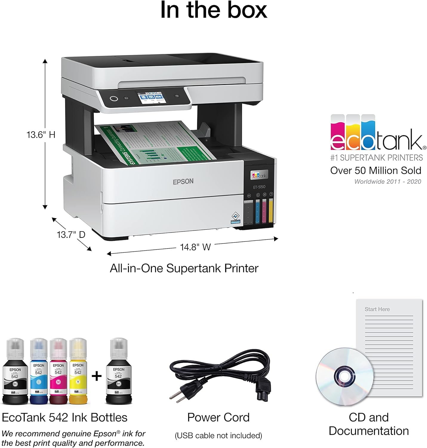 Epson EcoTank Pro ET-5150 Wireless Color All-in-One Supertank Printer with Scanner, Copier, Plus Auto Document Feeder, Large, White - Image 6