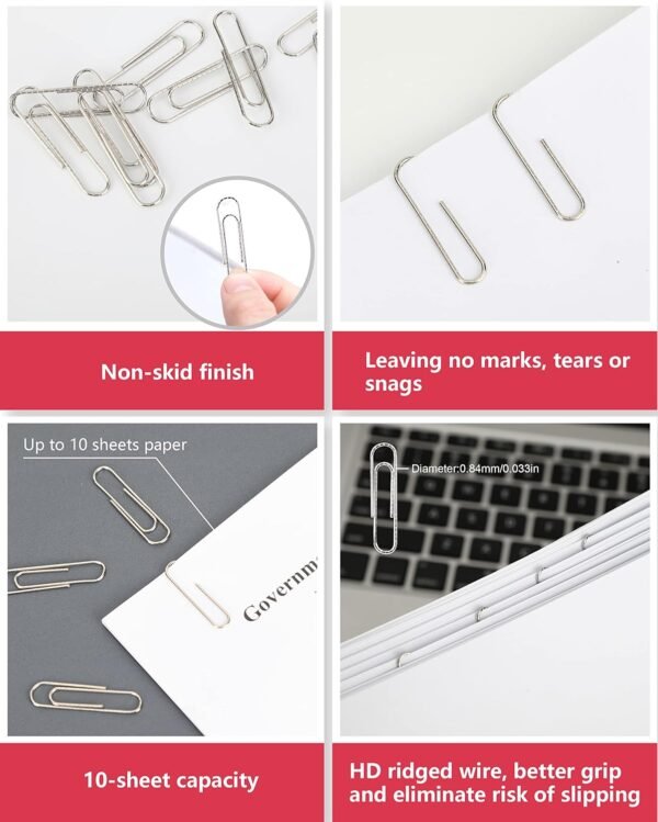 PAPERPAL #1 Nonskid Paper Clips, 600 Medium Paperclips for Office School & Personal Use, Daily DIY, 1-2/7" Silver Heavy Duty Non-Skid Paper Clip Standard Size(6 Boxes of 100 Each)