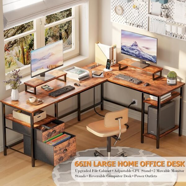 Furologee 66” L Shaped Desk with Power Outlet, Reversible Computer Gaming Desk with File Drawer & 2 Monitor Stands for Home Office with Storage Shelves, Rustic Brown