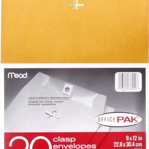 Mead Mailing Envelopes, Clasp Closure, 9" X 12", All-Purpose 24-lb Paper, Brown Kraft Material, 20 per Box (76020)
