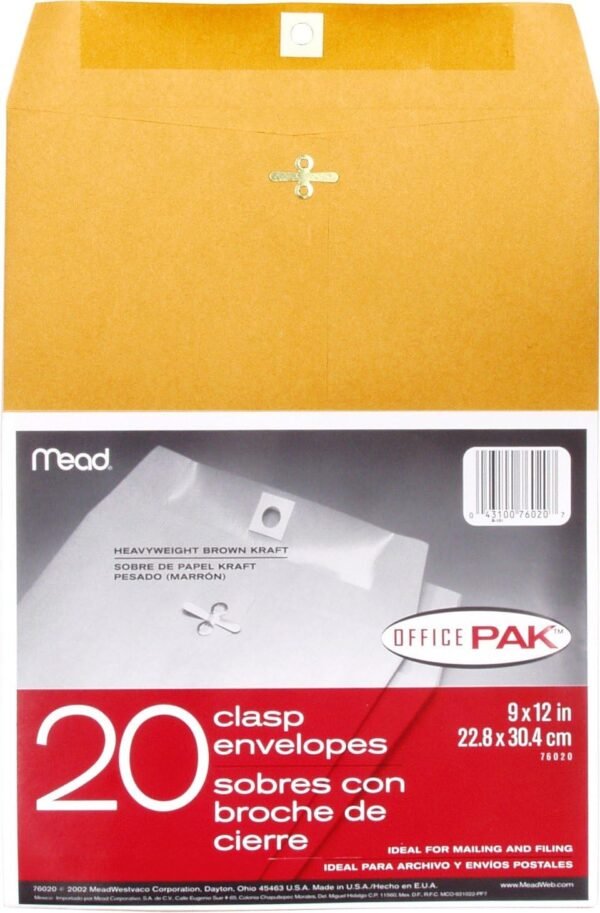 81Cz-Ul70XL._AC_SL1461_.jpg Mead Mailing Envelopes, Clasp Closure, 9" X 12", All-Purpose 24-lb Paper, Brown Kraft Material, 20 per Box (76020)