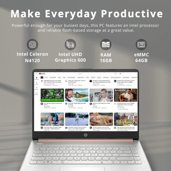 81D48GY0dL._AC_SL1500_.jpg HP Premium Stream 14" HD BrightView Laptop, Intel Celeron N4120, 16GB RAM, 64GB eMMC Storage, HD Webcam, UHD Graphics, 1 Year Office 365, Bluetooth, WiFi, HDMI, Win 11s, Gold, 32GB Hotface USB Card