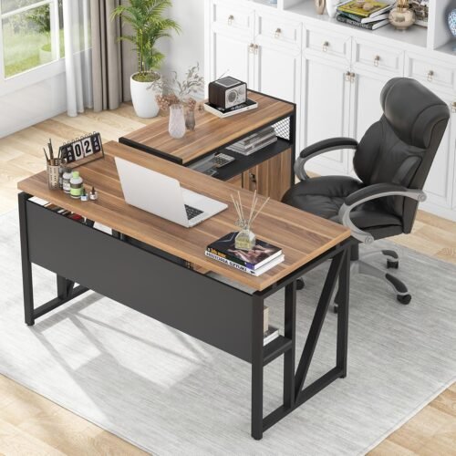 Tribesigns 55-inch L Shaped Desk with Drawer Cabinet, Executive Computer Desk and lateral File Cabinet, 2 Piece Home Office Furniture with Drawers for Hanging File, Doors with Locks (Brown, 55 inches)