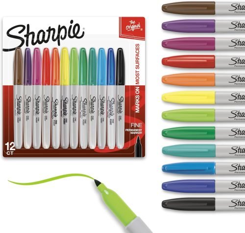 81DAZa3MI5L._AC_SL1500_.jpg Sharpie Permanent Markers, Fine Tip, Assorted, 12 Count - For Classroom, Office, & Home, Quick Drying, Fade Resistant, For Wood, Plastic, Paper, Metal, And More, Ideal for Posters, Drawing, Coloring