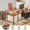 Furologee 66” L Shaped Desk with Power Outlet, Reversible Computer Gaming Desk with File Drawer & 2 Monitor Stands for Home Office with Storage Shelves, Rustic Brown