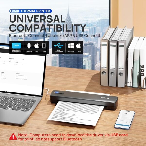 POLONO Portable Printer Wireless for Travel, D810 Bluetooth Thermal Printer Support for 8.5"x11" US Letter, Inkless Compatible with iOS, Android, Laptop for Office, Car and Home, Black