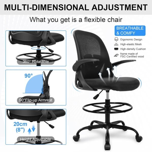 81EBsrPqfuL._AC_SL1500_.jpg Primy Drafting Chair Tall Office Chair with Flip-up Armrests Executive Ergonomic Computer Standing Desk Chair with Lumbar Support and Adjustable Footrest Ring (Black)