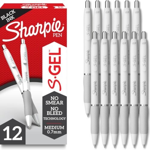 Sharpie S-Gel , Drawing, Ink Pens For Journaling, Writing, Coloring, Medium Point (0.7Mm), Pearl White Body, Black Ink Gel-Pen, 12 Count