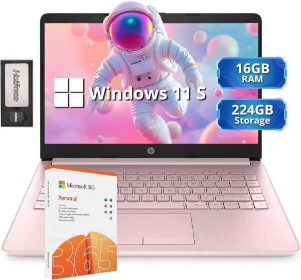 81FxahWyjzL._AC_SL1500_.jpg HP Stream 14" HD Lightweight Laptop, Intel Celeron N4120, 16GB RAM, 224GB Storage(64GB eMMC + 160GB Docking Station), Intel UHD Graphics, HD Webcam, 1 Year Office 365, WiFi, Bluetooth, Win 11s, Pink