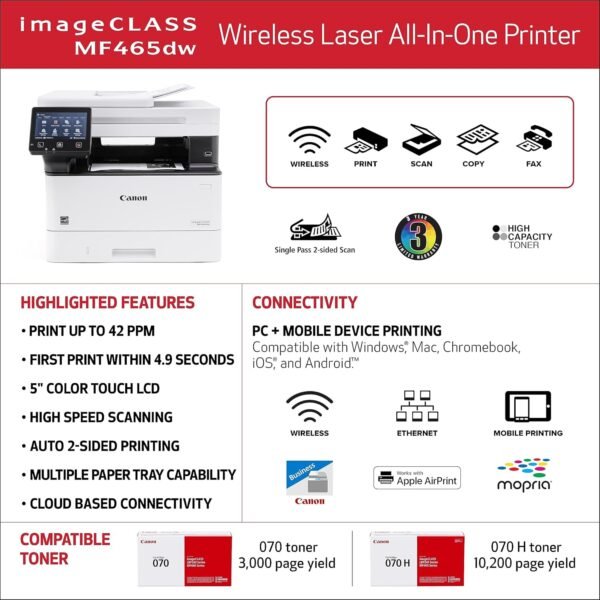 Canon imageCLASS MF465dw - Monochrome, Duplex Wireless Laser Printer, All-in-One with Scanner, Copier, Fax, Home or Office, Auto Document Feeder, Mobile Ready, 3 Year Limited Warranty, 42 PPM, White
