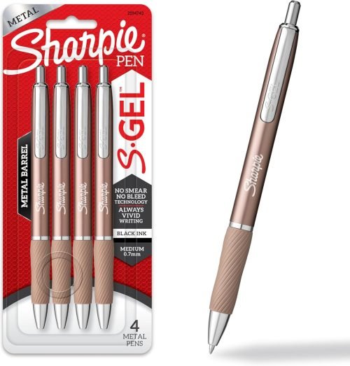 81HlyKiWkKL._AC_SL1500_.jpg Sharpie S-Gel Gel Pens Sleek Metal Barrel Champagne Medium Point (0.7mm) Black Ink 4 Count