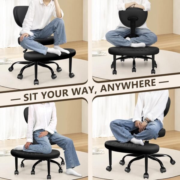 Cross Legged Office Meditation Chair with Wheels - Adjustable Height Yoga Kneeling Chair with Lumbar Support - Black