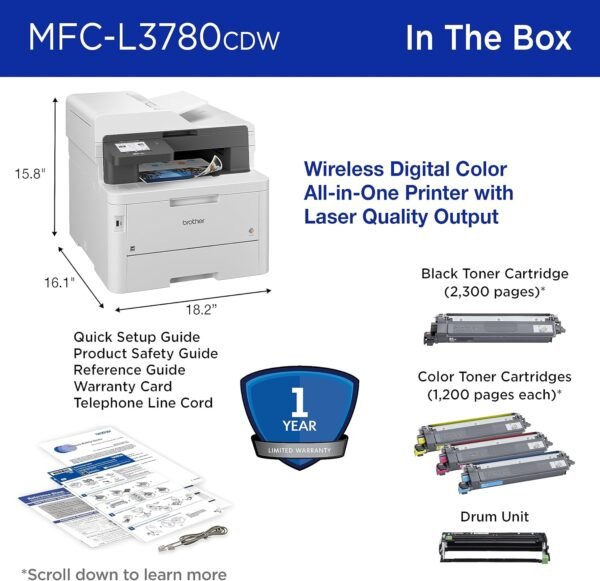 Brother MFC-L3780CDW Wireless Digital Color All-in-One Printer with Laser Quality Output, Single Pass Duplex Copy & Scan | Includes 4 Month Refresh Subscription Trial ¹ Amazon Dash Replenishment Ready