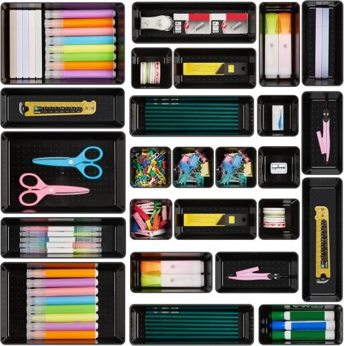 Vtopmart 25 PCS Office Desk Drawer Organizers Set, 4-Size Versatile Plastic Drawer Organizer Trays, Storage Bins for Desk Accessories Office Organizers and Storage, Bathroom, Makeup, Vanity, Black