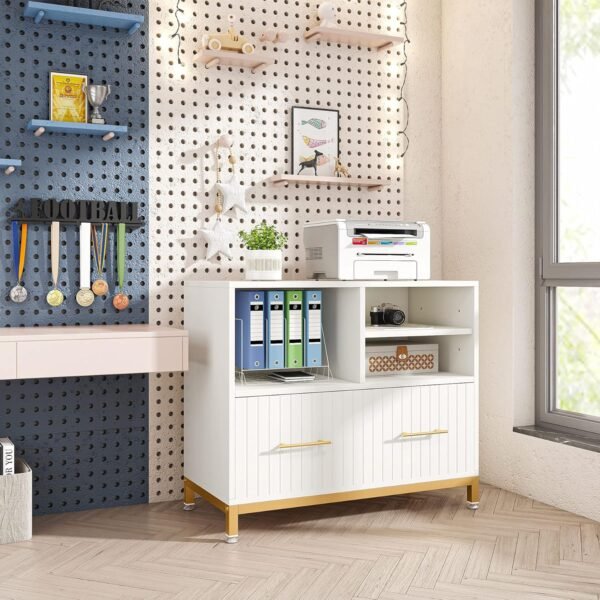 Tribesigns Lateral File Cabinet with Drawer, White Filing Cabinet with Adjustable Hanging Rod for Letter/Letter/A4 Size Files, 35.4" Wood Modern Printer Stand with Open Storage Spaces for Home Office