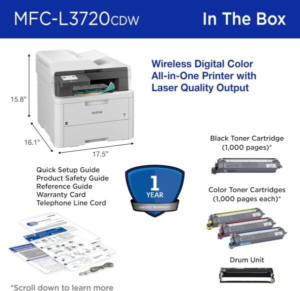 Brother Color Laser Printer All-in-One with Scanner, Copier and Fax - Professional Wireless Business Printer with Auto Duplex and 250-Sheet Capacity for Small Office (MFC-L3720CDW)