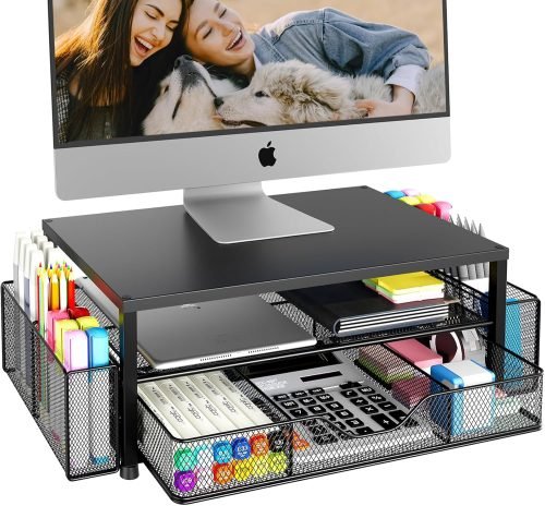 Desk Organizer and Accessories, 2-Tier Computer Monitor Stand with Drawer and 2 Pen Holders, Office Desk Accessories for Office Supplies, Black