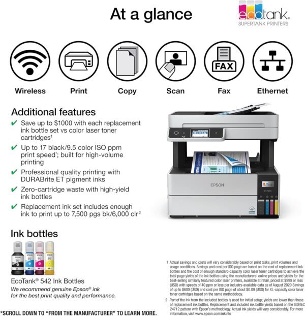 Epson EcoTank Pro ET-5170 Wireless Color All-in-One Supertank Printer with Scanner, Copier, Fax Plus Auto Document Feeder White Large