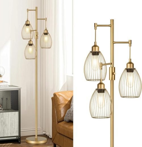 Dimmable Industrial Floor Lamps for Living Room, Gold Tree Standing Tall Lamps with 3 Elegant Teardrop Cage Head & 800 Lumens LED Bulbs for Bedroom Office