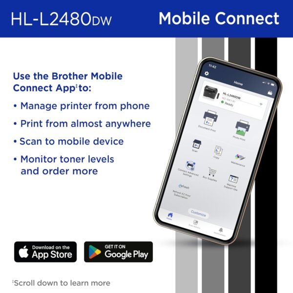 81NvVQjy35L._AC_SL1500_.jpg Brother HL-L2480DW Wireless Compact Monochrome Multi-Function Laser Printer with Copy and Scan, Duplex, Mobile, Black & White | Includes Refresh Subscription Trial(1), Amazon Dash Replenishment Ready