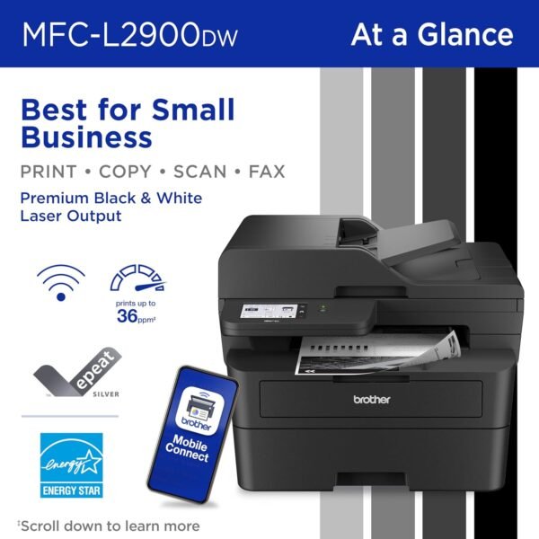81O7niK2FRL._AC_SL1500_.jpg Brother Professional Laser Printer with Scanner, High-Speed 36 ppm Monochrome All-in-One, Wireless Duplex Printing and Scanning, Cloud-Ready 3.5 in Touchscreen for Small Business (MFC-L2900DW)