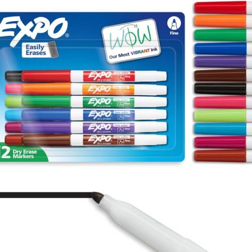 EXPO Low Odor Dry Erase Markers, Fine Tip, Assorted Colors, 12 Count