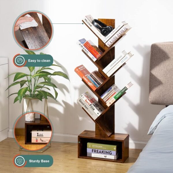 Yoobure Tree Bookshelf - 6 Shelf Retro Floor Standing Bookcase, Tall Wood Book Storage Rack for CDs/Movies/Books, Utility Organizer Shelves Bedroom, Living Room, Home Office, Rustic Brown