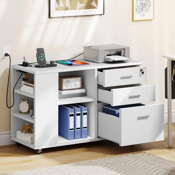 YITAHOME File Cabinet with Charging Station, Mobile Lateral Filing Cabinet with Lock for Home Office, Printer Stand with Open Storage Shelf, Fits A4, Letter, Legal Size Files, Office Furniture, White