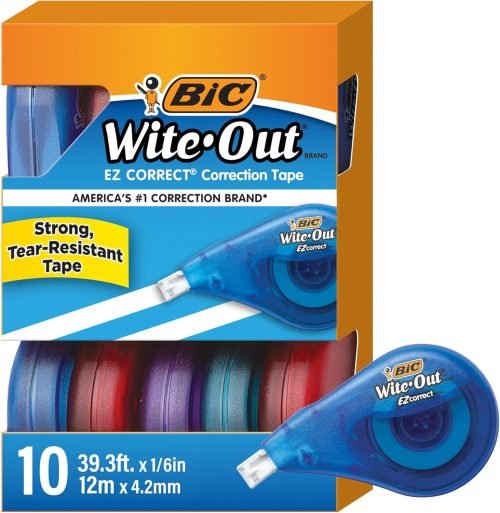 BIC Wite-Out Brand EZ Correct Correction Tape, 39.3 Feet, 10-Count Pack of White Correction, Tear-Resistant Tape Office or School Supplies