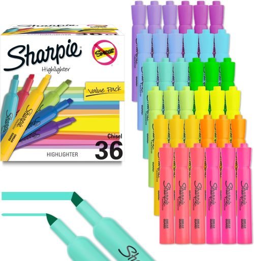 81SJWjZFViL._AC_SL1500_.jpg Sharpie Tank Style Bulk Highlighters, Chisel Tip Highlighter Marker Set, Journal Highlighters, Office And Teacher Supplies, Fluorescent And Pastel Highlighters, 12 Assorted Fashion Colors, 36 Count