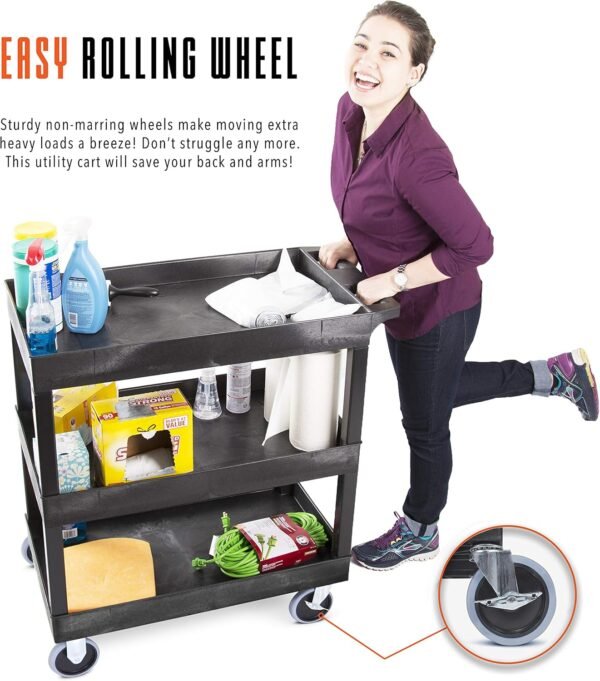 Stand Steady Tubstr 3 Shelf Utility Cart Supports Up to 375 lbs - Heavy-Duty Plastic Service Push Cart with Deep Shelves and 5" Casters, for Offices, Warehouse Storage, Garage (Black, 32 x 18 x 51)