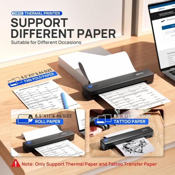 POLONO Portable Printer Wireless for Travel, D810 Bluetooth Thermal Printer Support for 8.5"x11" US Letter, Inkless Compatible with iOS, Android, Laptop for Office, Car and Home, Black