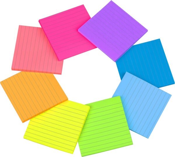 (8 Pack) Lined Sticky Notes 4x4 Bright Stickies Colorful Super Sticking Power Memo Pads, 8 Colors, Strong Adhesive