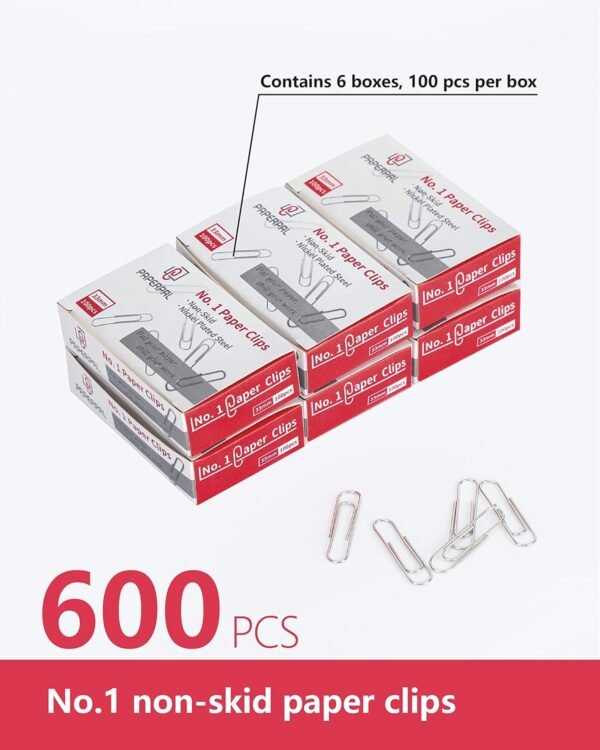 PAPERPAL #1 Nonskid Paper Clips, 600 Medium Paperclips for Office School & Personal Use, Daily DIY, 1-2/7" Silver Heavy Duty Non-Skid Paper Clip Standard Size(6 Boxes of 100 Each)