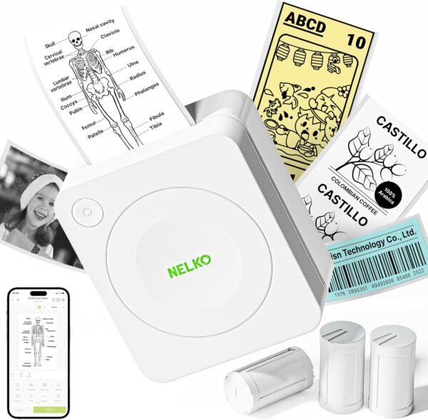Nelko Sticker Printer, PM230 Print Pod Mini Bluetooth Portabel Sticker Maker with 3 Rolls Paper, Print Pods Mini Printer with Multiple Templates for Phone & Tablet, White