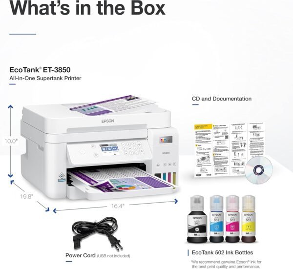 Epson EcoTank ET-3850 Wireless Color All-in-One Cartridge-Free Supertank Printer with Scanner, Copier, ADF and Ethernet – White (Renewed)