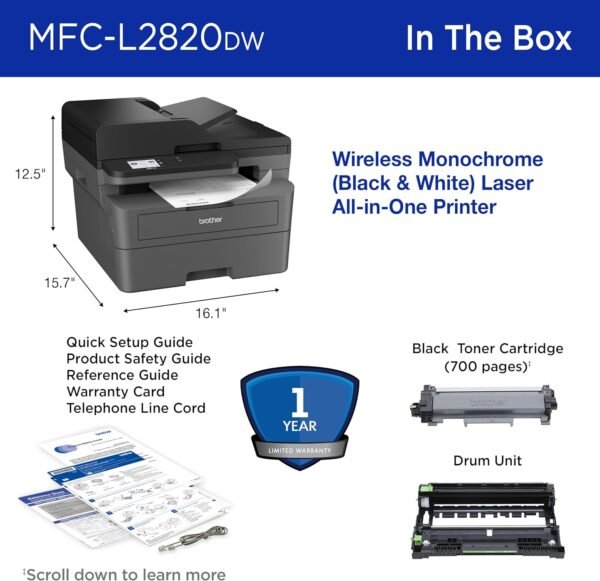 81bQdP6MyL._AC_SL1500_.jpg Brother MFC-L2820DW Wireless Compact Monochrome All-in-One Laser Printer with Copy, Scan and Fax, Duplex, Black & White | Includes Refresh Subscription Trial(1), Amazon Dash Replenishment Ready