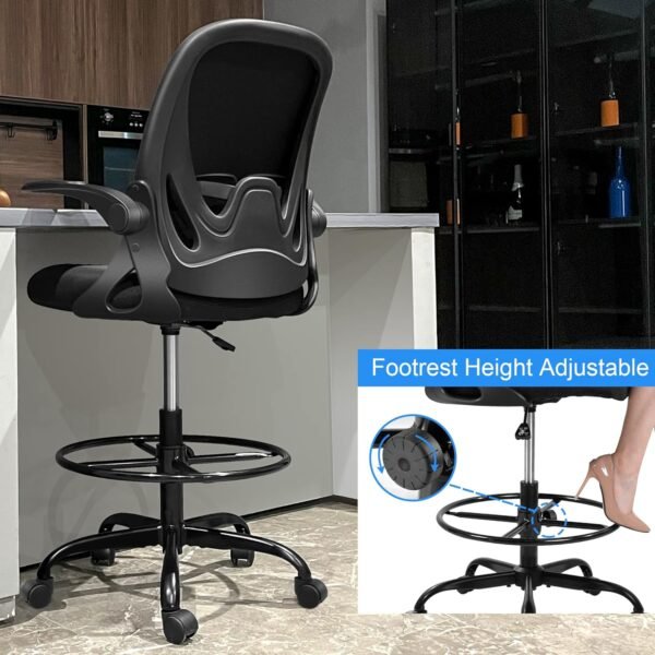 81bvBKedk9L._AC_SL1500_.jpg Primy Drafting Chair Tall Office Chair with Flip-up Armrests Executive Ergonomic Computer Standing Desk Chair with Lumbar Support and Adjustable Footrest Ring (Black)