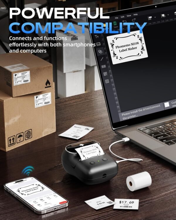 Phomemo Label Maker - M108 Bluetooth Address Label Makers for Small Business, Home, Office, 2 Inch Barcode Label Printer with 300+ Templates, Sticker Printer for Address/Logo/Clothing Label, Black