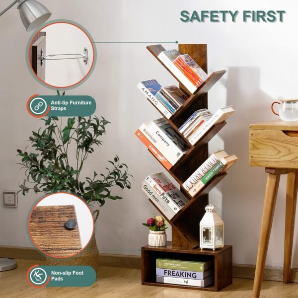 Yoobure Tree Bookshelf - 6 Shelf Retro Floor Standing Bookcase, Tall Wood Book Storage Rack for CDs/Movies/Books, Utility Organizer Shelves Bedroom, Living Room, Home Office, Rustic Brown