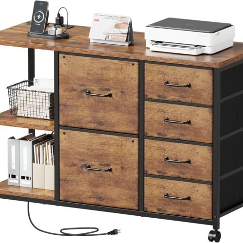6 Drawer File Cabinet with Charging Station Rolling Printer Stand with Open Storage Shelf Fabric Lateral Filing Cabinet for Home Office,Rustic Brown2