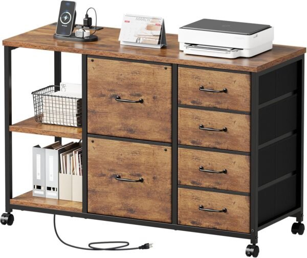 81dZX3q3sL._AC_SL1500_.jpg 6 Drawer File Cabinet with Charging Station Rolling Printer Stand with Open Storage Shelf Fabric Lateral Filing Cabinet for Home Office,Rustic Brown2