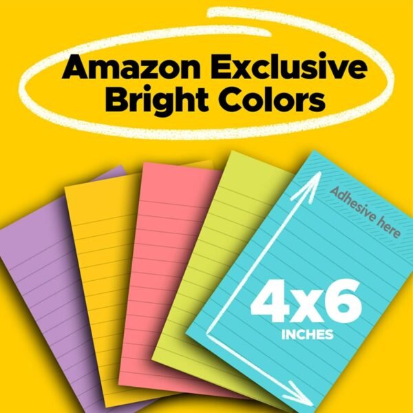 Post-it Super Sticky Lined Notes, 5 Sticky Note Pads, 4 x 6 in, School Supplies, Office Products, Sticky Notes for Vertical Surfaces, Bright Colors, Blue, Green, Yellow, Pink and Lilac