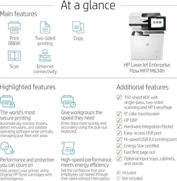 HP LaserJet Enterprise Flow MFP M634h Monochrome All-in-One Printer with built-in Ethernet & 2-sided printing (7PS95A), White